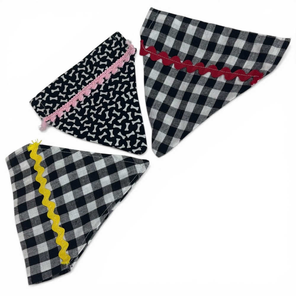 Handmade Dog Bandana Set of 3 Check blk/wht Bone Print Rickrack Trim Sz S‎